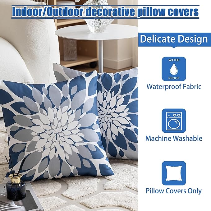 Qahing Pack of 4 Outdoor Waterproof Pillow Covers 24x24 Decorative Outdoor Throw Pillows Garden Square Cases for Patio Furniture, Couch, Tent Sunbrella, Bench, Blue Grey