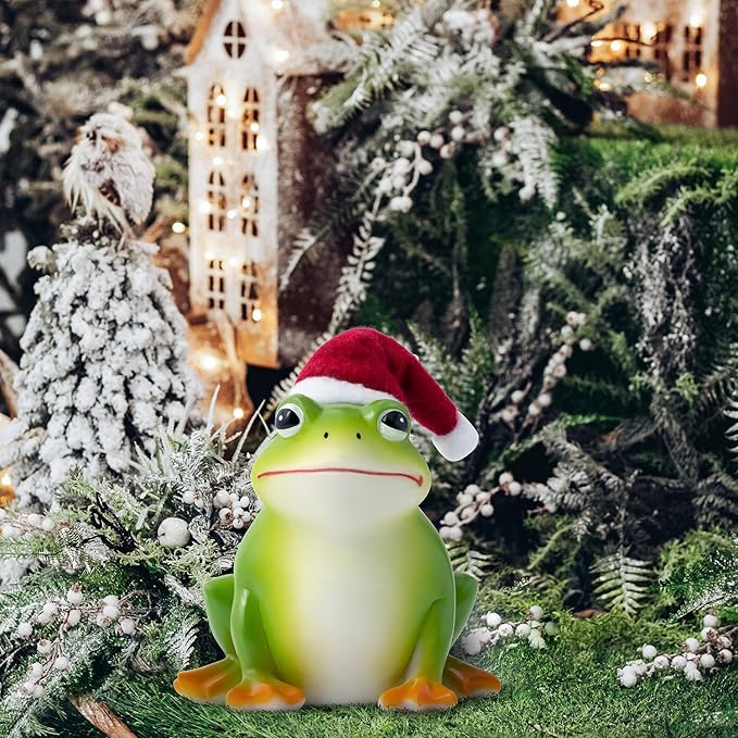 Christmas Frog Resin Statue - Christmas Frog Statue with Santa Hat for Xmas Tree Party Desk Decor Resin Figurine for Home Patio Office Decoration Cute Plant Statues for Tabletop Garden Decor