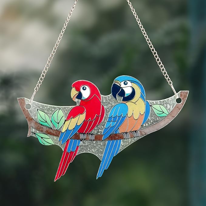 Macaw Bird Stained Glass Suncatcher on Branch 6.4" x 4" Indoor Window Decoration, Ideal Gift for Bird Lovers