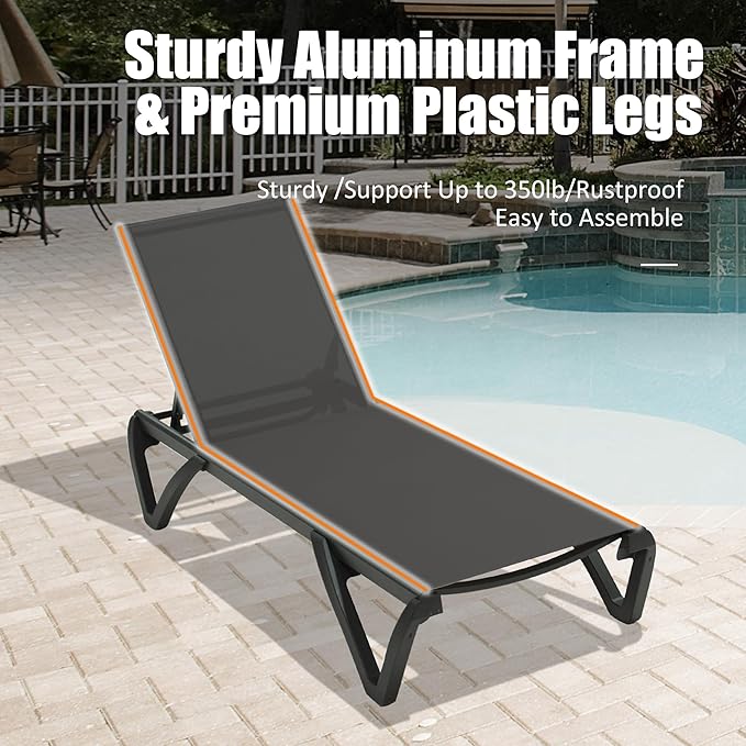 Domi Pool Lounge Chairs, Aluminum Patio Chaise Lounge with Side Table, 5 Position Adjustable Backrest and Wheels, All Weather Outdoor Lounge Chairs for Beach, Yard, Balcony, Poolside, Dark Grey