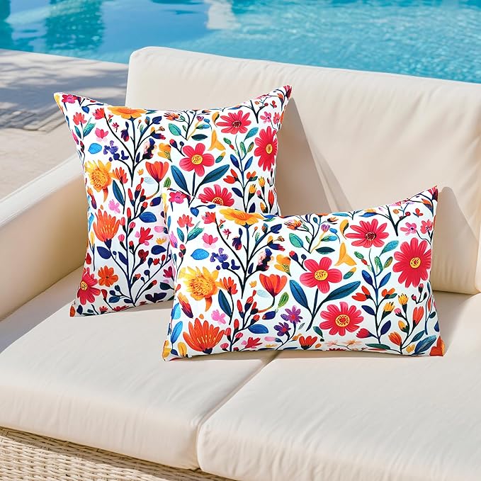Outdoor Pillow Covers 12x20 Inch Set of 2 Floral Printed Boho Throw Pillows Cases Waterproof Lumbar Garden Cushion Sham for Spring Summer Patio Funiture Tent Balcony Bench Sofa Couch