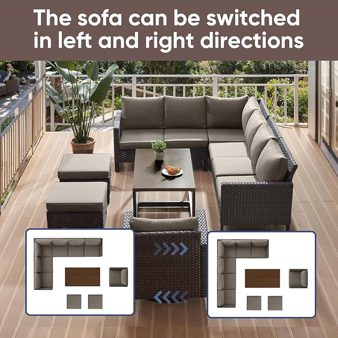 HUMMUH 10 Piece Patio Furniture PE Wicker 6-Seater Outdoor Sectional Sofa with Dinning Table Patio Swivel Chairs Outdoor Chairs for Porch,Garden,Backyard,Deck(Brown/Grey)