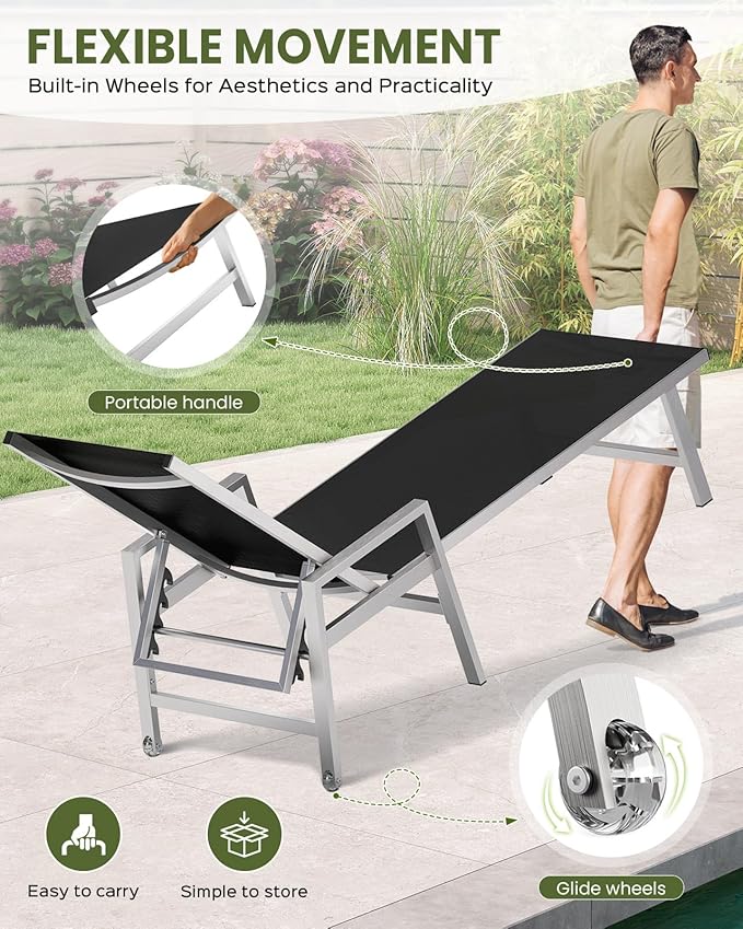 Patio Chaise Lounge Chair Outdoor with Wheels&Armrests, Aluminum Pool Lounge Chairs 5-Position Adjustable Recliner, Outdoor Beach Lounge Chairs for Poolside, Patio, Deck, Yard, Black