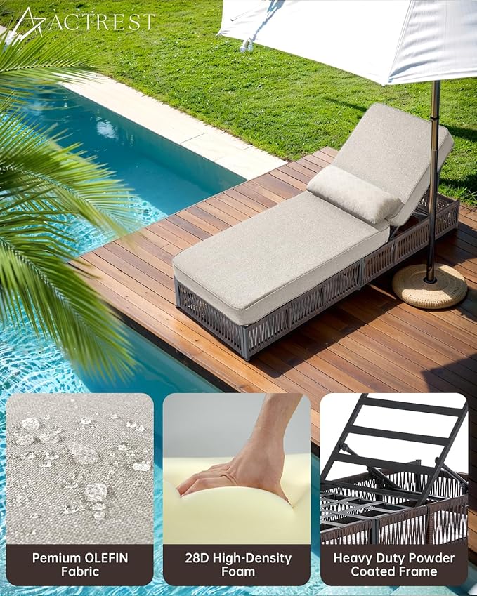 Luxury Outdoor Chaise Lounges with 5 Inch Thickened Cushions - Set of 2 High Back Brown Wicker Patio Recliners Rattan Reclining Chairs Porch Poolside Pool Sunbathing Lounger - Beige