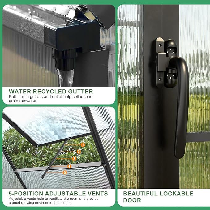 Outdoor Polycarbonate Greenhouse 10x6x6 FT Heavy Duty Aluminum Frame Outsides Green House Kit with Transparent Panels Windows Door for Backyard Garden, Walk in Plant Greenhouses,Black Thick Frame