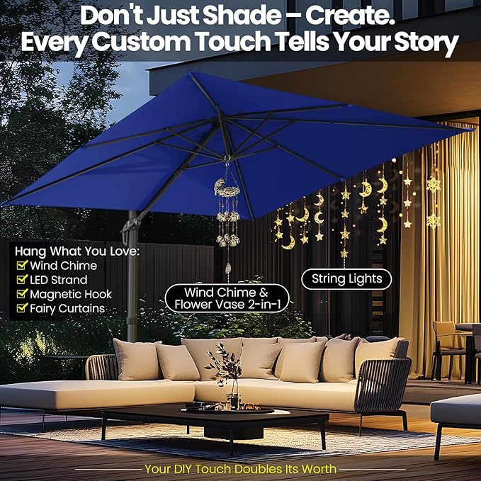 Hotime 10ft Patio Umbrella Outdoor Patio Height adjustable and Windproof, Heavy Duty Aluminum Square Offset Patio Umbrella Cantilever Pool Umbrella with 360°Rotation for Garden Deck Pool, Dark Blue
