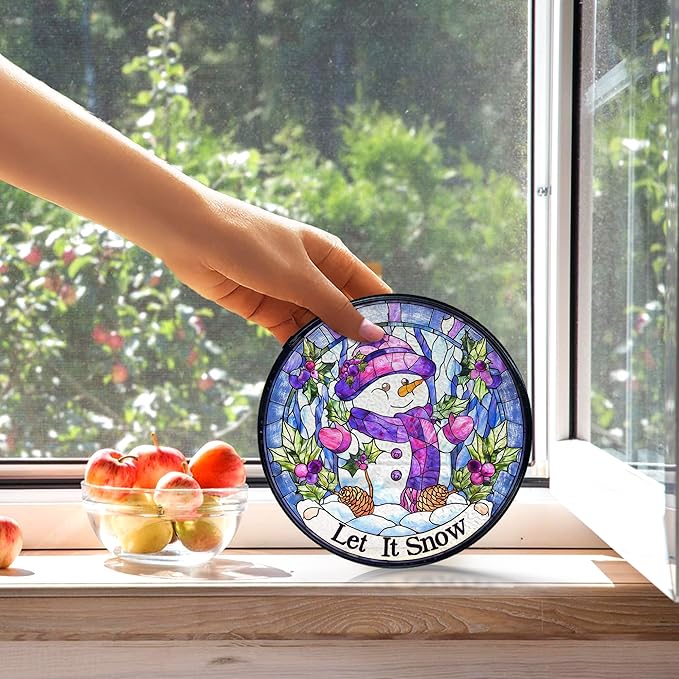 kdqua Christmas Snowman Suncatcher Stained Glass Window Hanging, Let It Snow Winter Snowman Sun Catchers Indoor Window Glass Round Wall Decor, Christmas Wall Art Hanging Decorations Statues, 7.9x7.9in