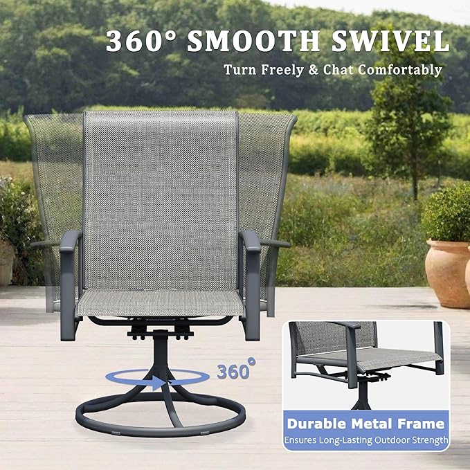 Outdoor Patio Swivel Dining Chairs Set of 6, All-Weather Swivel Rocker Chairs with Textilene High Back and Black Rust-Proof Metal Frame, Perfect for Patio, Lawn, Garden, or Backyard, Grey