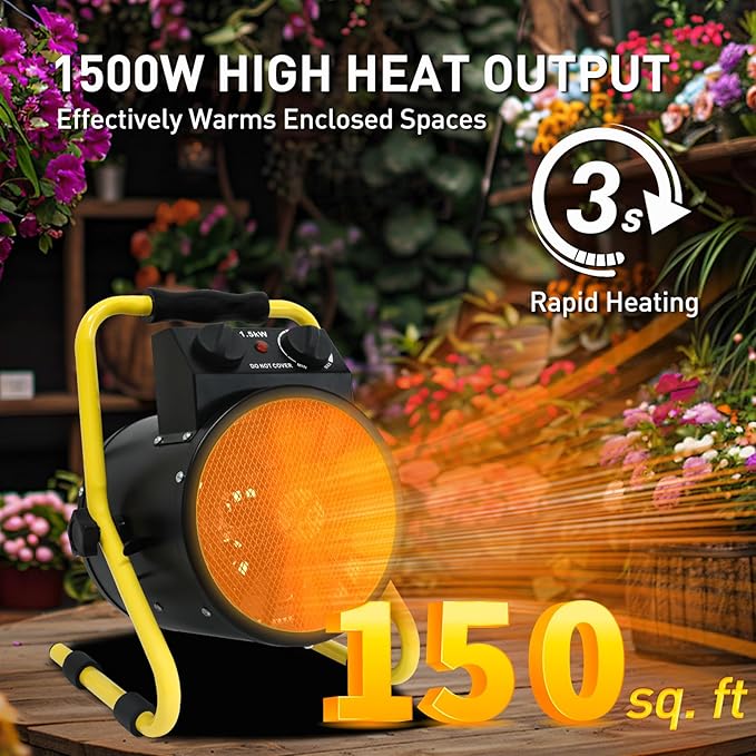 Portable Greenhouse Heater, Overheat Protection, 1500W Radiant Electric Heater for Indoor and Outdoor Use, Garage, Grow Tent, RV, IPX4 Water Resistant, 2 Pieces, Black