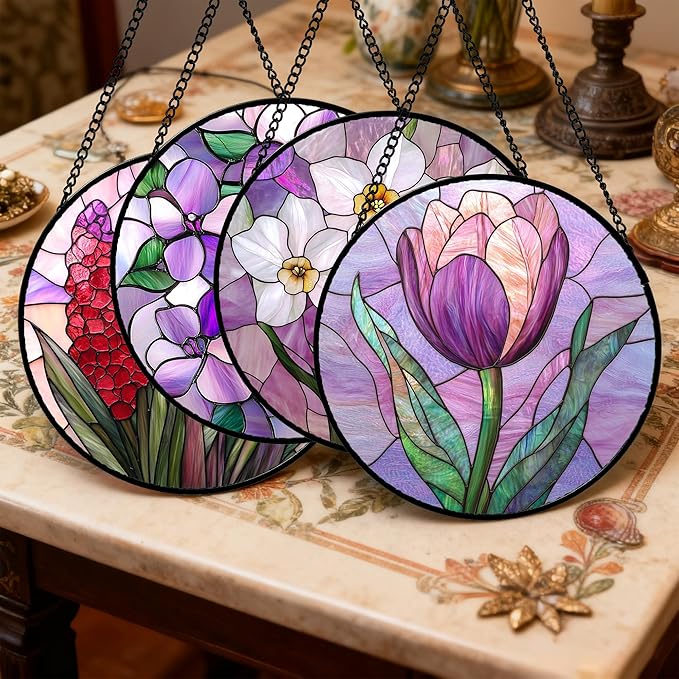 Stained Glass Window Hanging 4 Pcs Set Purple Flower Theme Large 15" - Tulip Suncatcher Door Garden Sun Catcher Decor Birthday Christmas for Plant Lovers Woman Nana Men