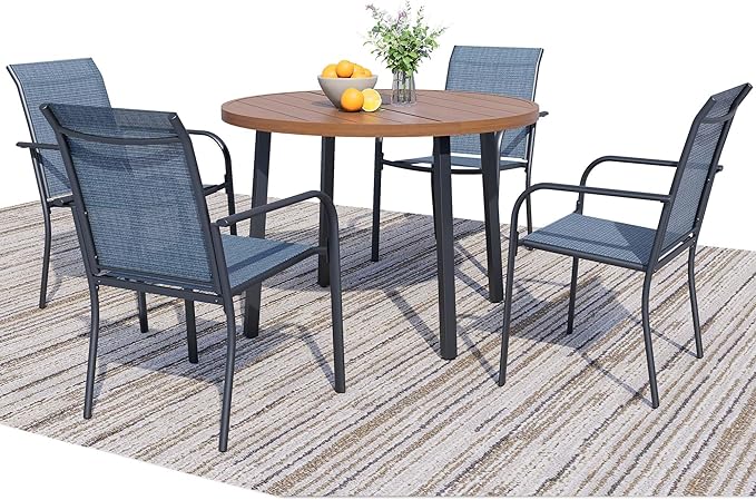 5 Pieces Round Dining Table Set for 4, Patio Dining Set Includes 4 Blue Stackable Patio Chairs and 1 Walnut Round Table, Patio Furniture Sets with Sling Support for Outside, Garden