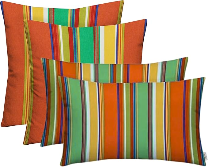 RSH DECOR: Lumbar & Square Throw Pillows Set of 4 | 20" x 12" & 17" x 17" | All-Weather Spun Fabric | Water and Fade-Resistant | Outdoor Accent Pillows for Patio Furniture | Bright Colorful Stripe