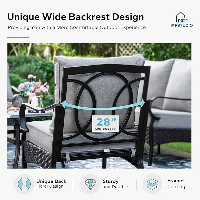 MFSTUDIO 5 Pieces Outdoor Patio Furniture Set, Metal Outdoor Conversation Sofa, Rattan Wicker Patio Sectional Sofa Set with 4 x Swivel Single Sofa, 1 x Fire Pit Table, Grey