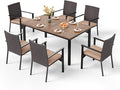 PHI VILLA 7 Pieces Patio Dining Set for 6, 65” Wood-Like Metal Steel Dining Table & Rattan Wicker Chairs with Cushions, Large Dining Furniture Set for Outdoor Deck, Yard, Porch