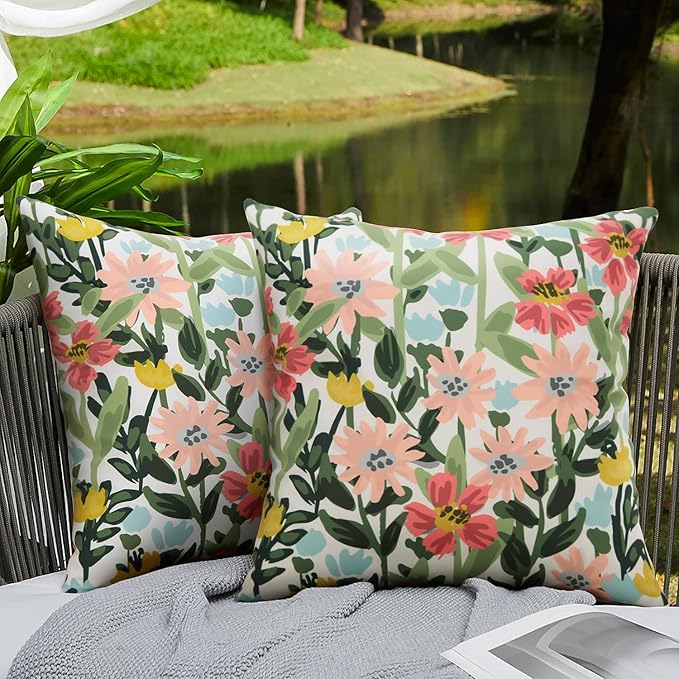 Pyonic Outdoor Pillows Cover Pack of 2 Floral Waterproof Throw Pillow Covers 16X16 inch Outdoor Pillows for Patio Furniture Garden Square Outside Waterproof Pillow