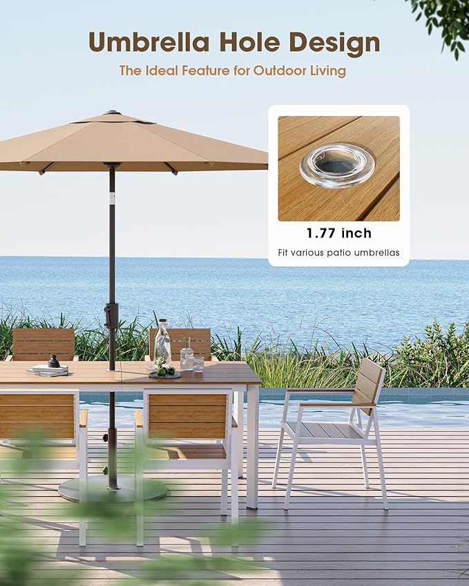 Outdoor Patio Dining Set, Aluminum & HDPE 5 Piece Outdoor Table and Chairs Set with Umbrella Hole, Modren Rectangular Patio Furniture Set with All-Weather Table and 4 Chairs (White & Teak)