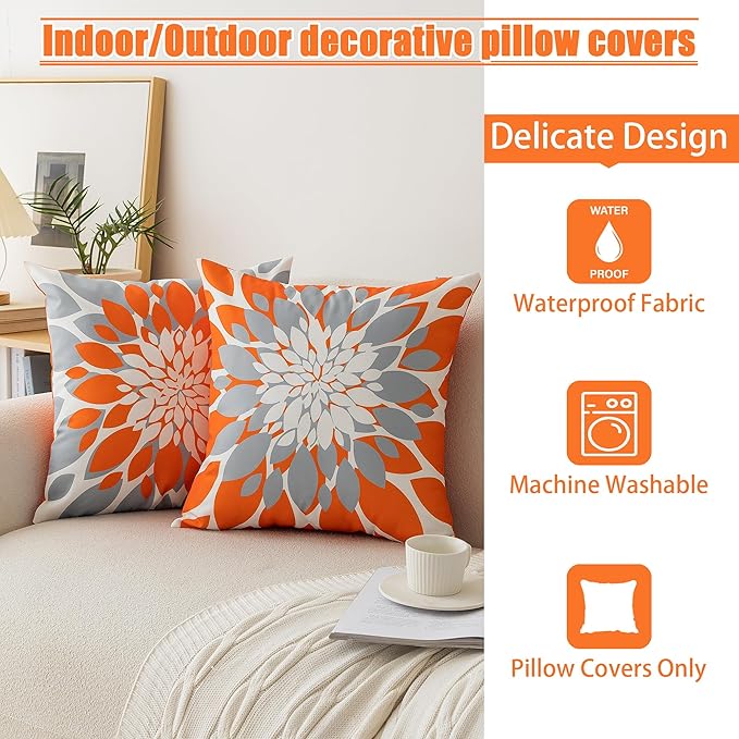 Qahing Pack of 4 Fall Outdoor Waterproof Pillow Covers 20x20 Decorative Outdoor Throw Pillows Garden Square Cushion Cases for Patio Furniture, Couch, Tent Sunbrella, Bench, Orange Grey