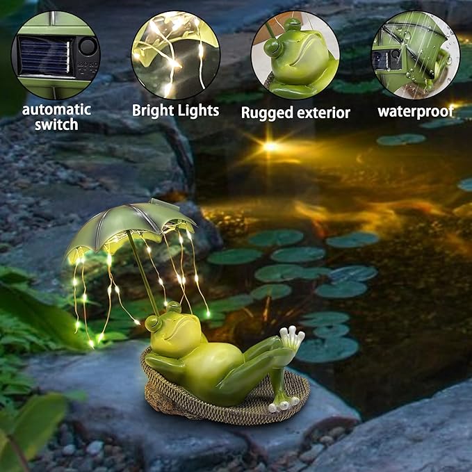 Solar Frog Garden Decor Outdoor Statue - Frogs Umbrella LED Waterproof Sculptures Lights, Cute Frog Pond/Yard Statues Outside Decoration, Home, Lawn, Patio, Resin Animal Ornament, Women/Gardening Gift