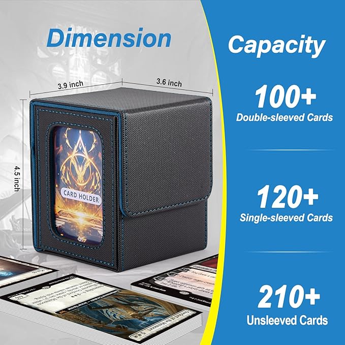 MTG Deck Box, Double Display Window MTG, Commander Deck Box Fits 120+ Single Sleeved Cards, PU Leather Magnetic Closure Card Box with 2 Dividers&2 Toploaders for TCG, CCG, Black/Blue