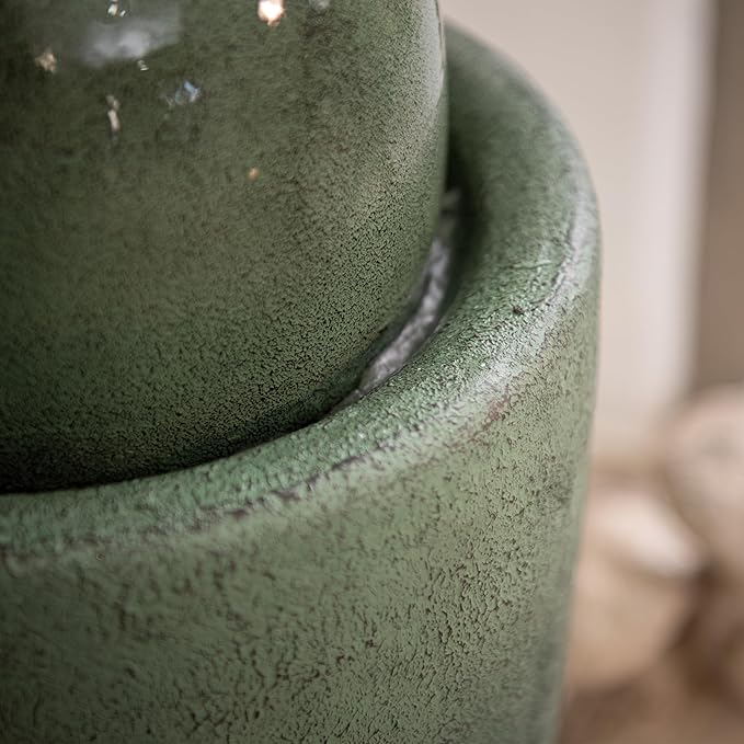 XBrand 25.98" H Green Round Stone Indoor/Outdoor Modern Sphere Water Fountain w/LED Lights – Ball Bubbling Fountain Décor for Garden, Patio, or Tabletop
