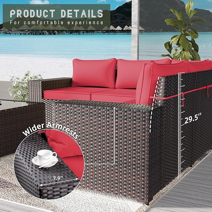 16 Pieces Outdoor Patio Furniture Set Outdoor Furniture Patio Sectional Sofa Conversation Sets w/ETL Approved 45" Gas Fire Table & Coffee Table, Swivel Rocking Chair Red.
