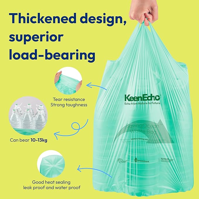 8 Gallon 160 Counts Small Green Trash Bags with Handle, Ocean Fishing Nets Upcycling, Sage & Sea Salt Scented, Plastic Garbage Bags, Waste Bag for Kitchen, Bathroom, Office and Pets