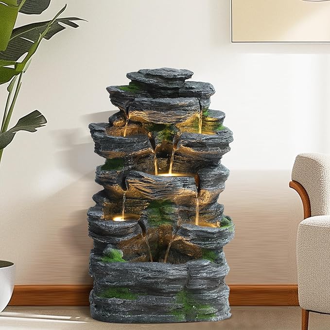TITIMO 7-Tier Cascading Rock Water Fountain Outdoor Garden Waterfall with Lights,Fountain Indoor Decor for Garden, Patio, Backyard, Deck, Porch and Home Art Decor (24" H)
