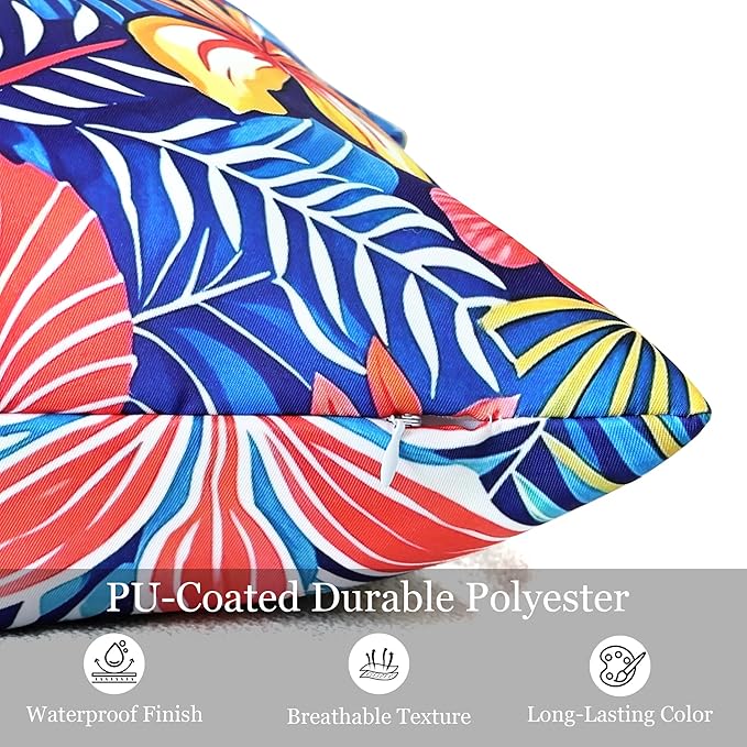 Outdoor Pillow Covers 18x18 Inch Set of 2 Tropical Floral Plants Boho Throw Pillows Cases Waterproof Square Garden Cushion Sham for Patio Funiture Tent Balcony Bench Sofa Couch, Blue