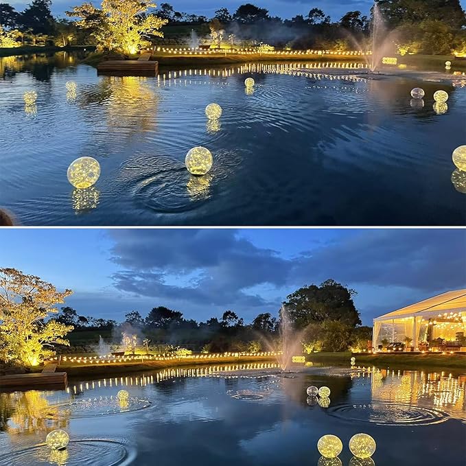 Solar Powered Floating Pool Lights - 14" Inflatable Waterproof Floating Light UP Pool Glow Balls, 3000K Warm-White Led Pool Lights That Float for Party Decorations, Outdoor Patio Detor (4)
