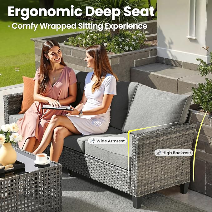 ovios 6 Pieces Patio Furniture Set Outdoor Sofa Couch with Solar Lights Table Comfy Cushions, Modern Deep Seat Wicker Rattan Conversation Set for Porch Deck, Dark Grey