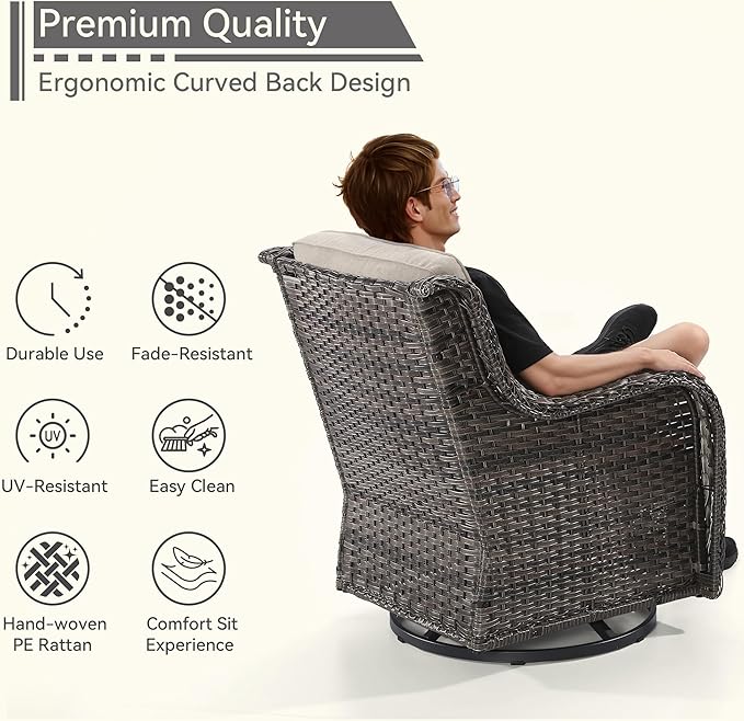 Outdoor Swivel Rocker Patio Chairs Set of 2 - Outdoor Wicker Patio Conversation Sets 2 Pieces with Olefin Fabric Cushions Suitable for Backyard Deck and Porch, Beige