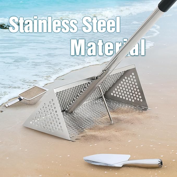 Sand Flea Rake, Stainless Steel Sand Sifter, Shark Tooth Sifter with A 16-Inch Wide Drain Screen for Finding Fleas,Shells and Shark Teeth