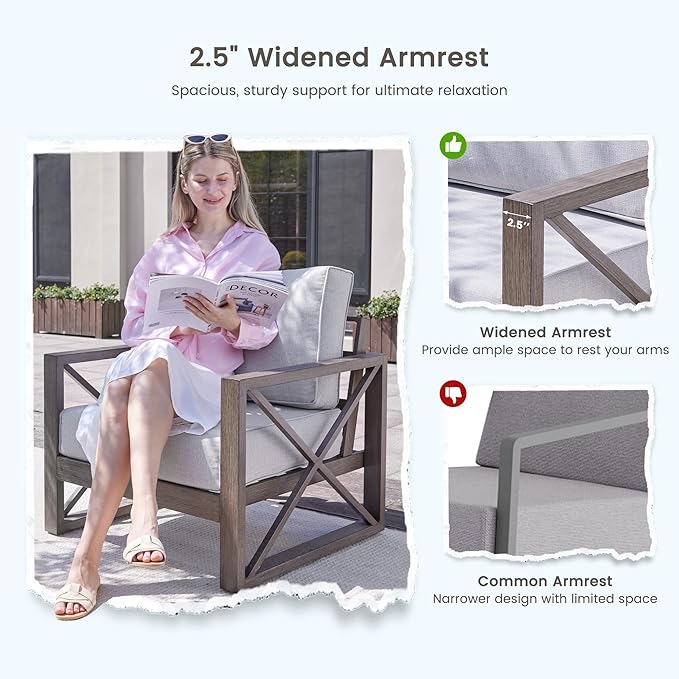 UDPATIO 4 Piece Faux Wood Aluminum Patio Furniture Set Modern Patio Conversation Set with Coffee Table for Balcony, Backyard, Deck, 600D Waterproof Furniture Cover Included, Light Grey