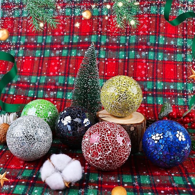 3.35 Inch Round Solid Glass Balls Orbs Decorative Mosaic Ball Centerpiece Sphere Crack Globe Crafts for Bowls Tray Table Garden Decoration Green Set of 3