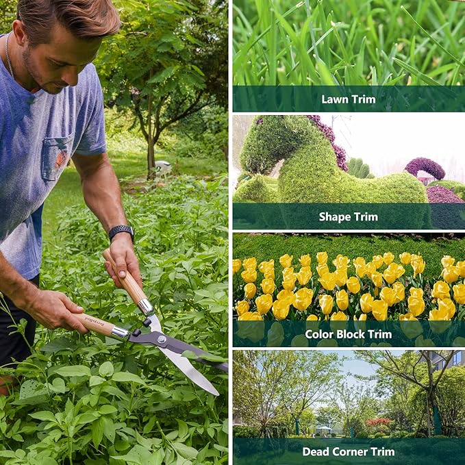 Berry&Bird Garden Hedge Shears,19.88''Heavy Duty Pruning Shear for Trimming Borders and Bushes, Manual Hedge Clippers with Wooden Handles & Carbon Steel Sharp Blades Gardening Scissors