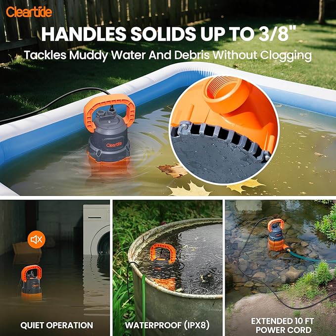 Cleartide Submersible Sump Pump, 1/2 HP Utility Water Pump for Pool Draining, Hot Tub, Basement, Electric Drain Pump Handles 3/8" Solids, 10 FT Cord