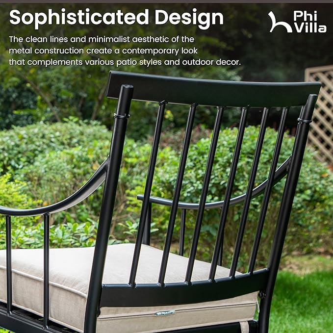 PHI VILLA Outdoor Metal Dining Chairs with Cushion, 300lbs Black Heavy Duty Weatherproof Chairs for Patio, Deck, Yard - Set of 2