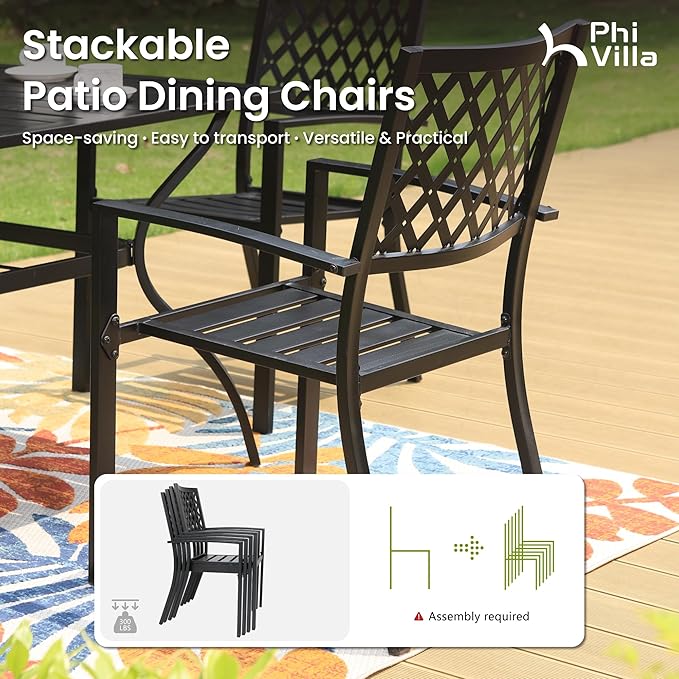 PHI VILLA 5-Piece Metal Patio Outdoor Table and Chairs Outdoor Dining Set - 37" Square Patio Table w/1.57" Umbrella Hole and 4 Backyard Garden Chairs