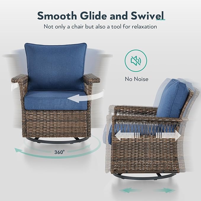 6 Pieces Wicker Patio Furniture Set - Hollow Widen Armrests Outdoor Swivel Glider Chairs and 3 Seat Sofa with Coffee Table & Ottomans for Balcony Porch Deck and Yard - Brown/Blue