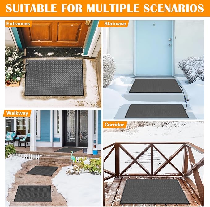 Snow Melting Mats Outdoor for Walkways Decks and Sidewalks, 20 x 30 in No-Slip Heated Outdoor Mats with 10 ft Power Cord, 3 in/h Speed Snow and Ice Melting Pads for Winter Backyards Snow Removal