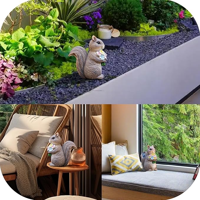 Solar Garden Squirrel Statue, Outdoor Resin Decor with Floral Accents, Resin Decorations Squirrel Figurine for Patio Lawn Porch Yard Ornaments for Mom Grandma Wife