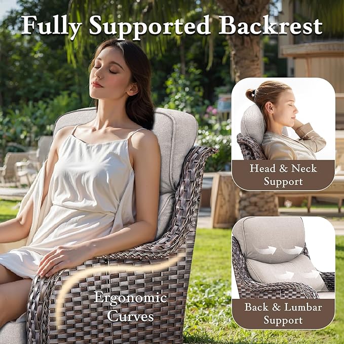Luxury High Back Outdoor Furniture with 6-inch Extra Thick Cushions, Patio Furniture Set with Swivel Chairs, 5 PCS Wicker Conversation Set for Yard, Deck, Poolside, Brown/Beige