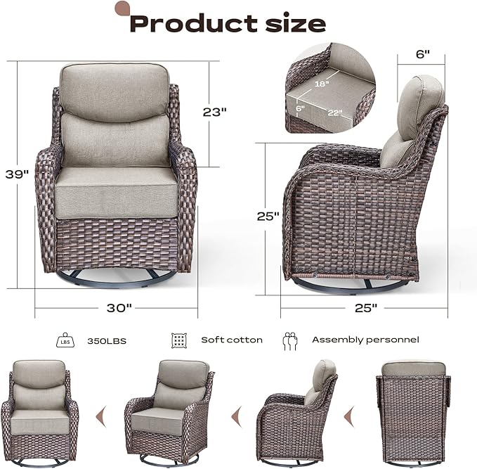 Rilyson 6 Piece Outdoor Patio Swivel Rocker Chairs, Waterproof Wicker, High Back, Deep Seating, Wide Armrest, Upgraded 6 inch Thick Cushions, Side Table, Ideal for Deck Porch Yard, Brown/Beige