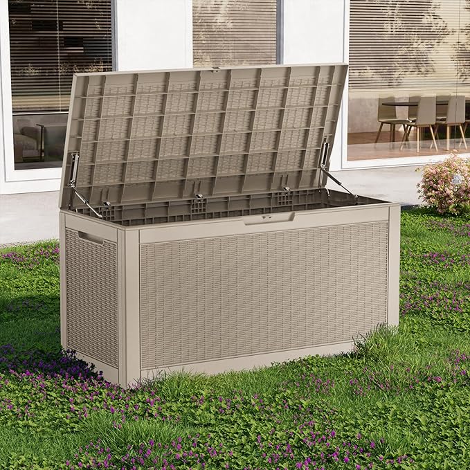 100 Gallon Waterproof Outdoor Storage Box,Resin Deck Box,Lockable Outside Storage Box Container for Patio Furniure,Garden,Pool Tools (100 Gallon,Grey pattern)
