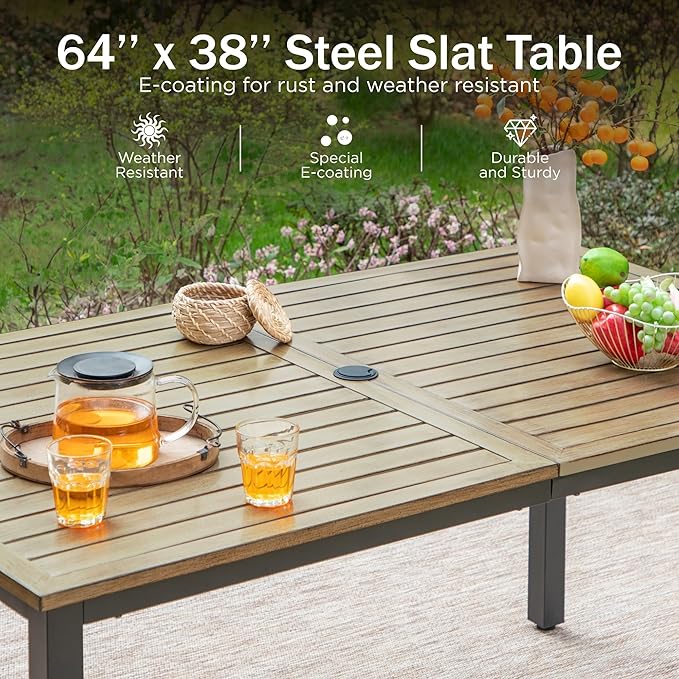 PHI VILLA Patio Dining Set Metal Table and Chairs Furniture 7 Piece, Large with Umbrella Hole 6 Backyard Garden Support 300LBS for Deck, Lawn, Garden, Black, 64'' x 38'' x 29''
