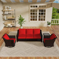 Vista Vibe 4 Pieces Outdoor Patio Conversation Furniture Set - 78" 3-Seat Sofa | 2 Swivel Glider Rocker Chairs | Wicker End Table, Rattan Loveseat, Upholstered Couch, Garden, Deck (Brown/Red)