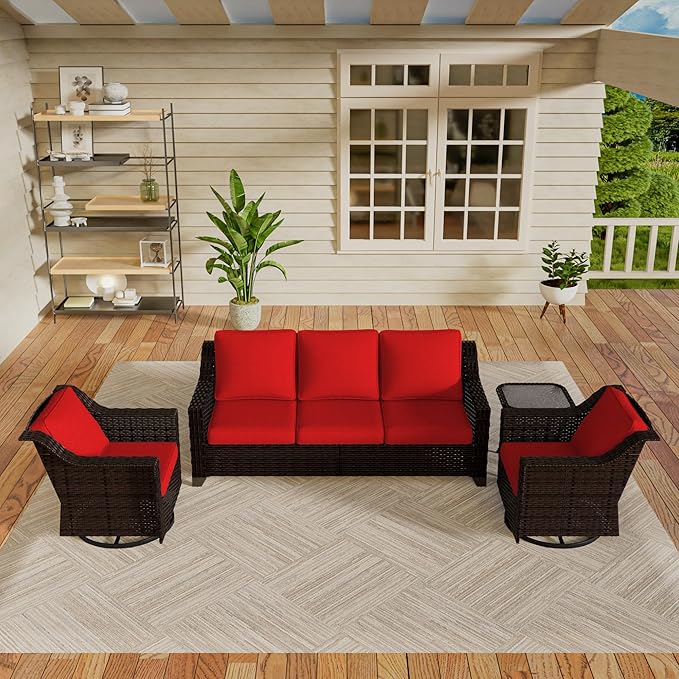 Vista Vibe 4 Pieces Outdoor Patio Conversation Furniture Set - 78" 3-Seat Sofa | 2 Swivel Glider Rocker Chairs | Wicker End Table, Rattan Loveseat, Upholstered Couch, Garden, Deck (Brown/Red)