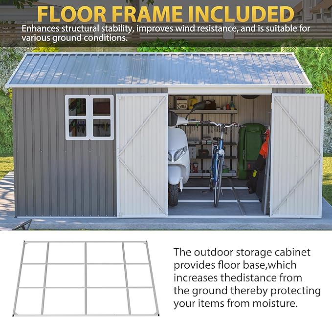 12x10 FT Shed Outdoor Storage Metal Large Garden Tool Sheds with Window Lockable Doors Sloping Roof Floor Frame Waterproof Steel Utility Equipment Shed for Backyard Patio Lawn Poolside, Grey