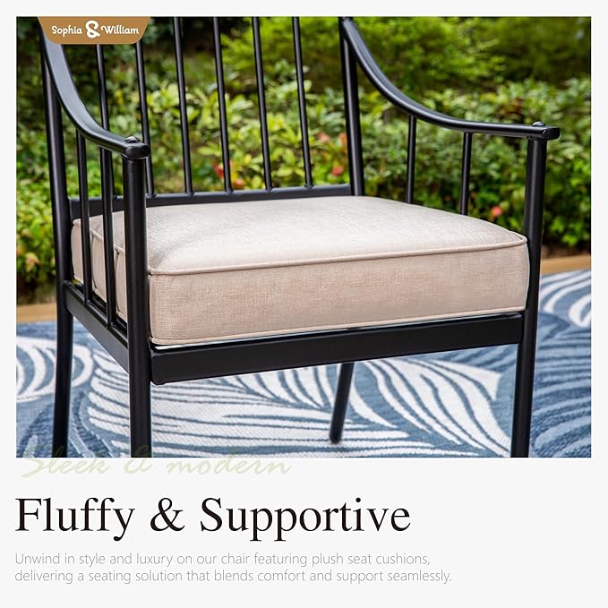 Sophia & William 7 Pieces Patio Dining Set with Rectangle Metal Table of 1.57"-1.9" Umbrella Hole and 6 Armchairs with Seat Cushions, Outdoor Conversation Furniture for Porch Backyard Balcony Deck