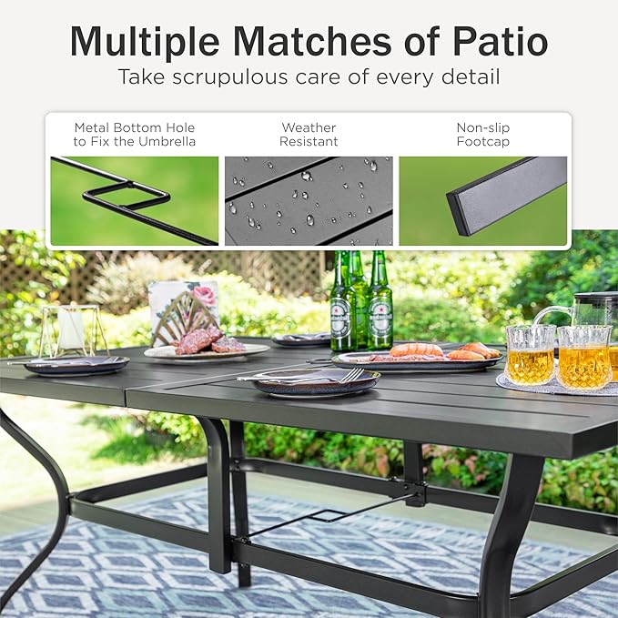 PHI VILLA Patio Dining Set of 7, 60" x 37" Metal Steel Outoor Dining Umbrella Table, 6 Swivel Chairs with Custion Patio Table Chair Set for Outdoor Garden Lawn Pool
